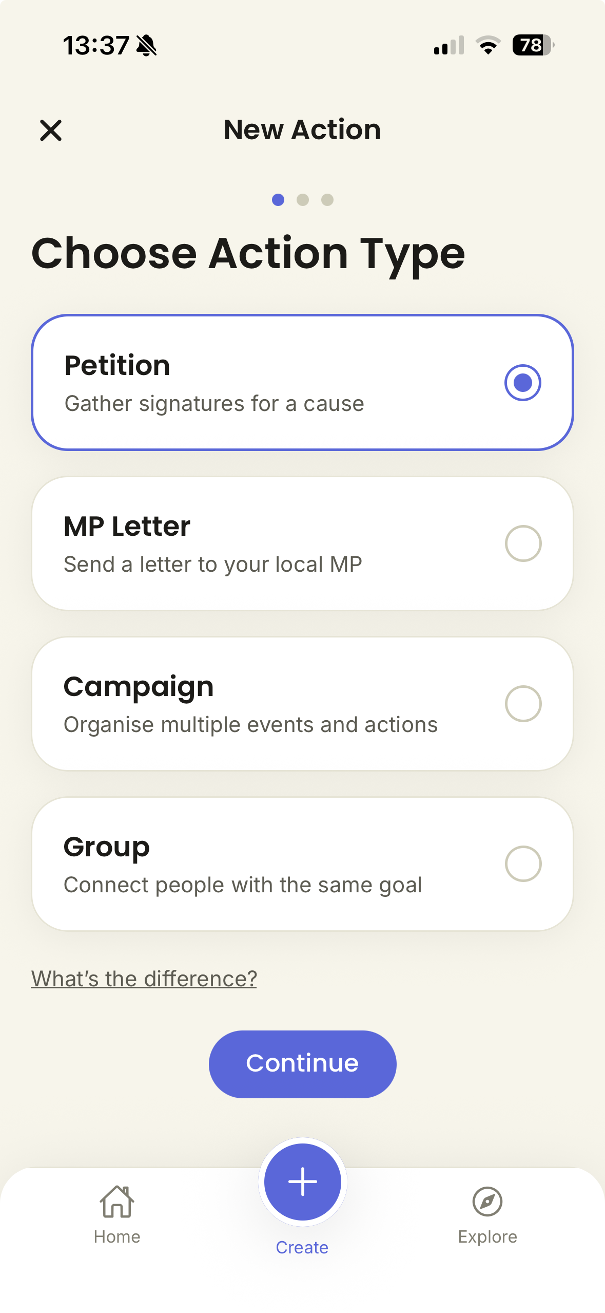 The Lever app new-action screen letting a citizen choose a petition, MP letter, campaign, or group.