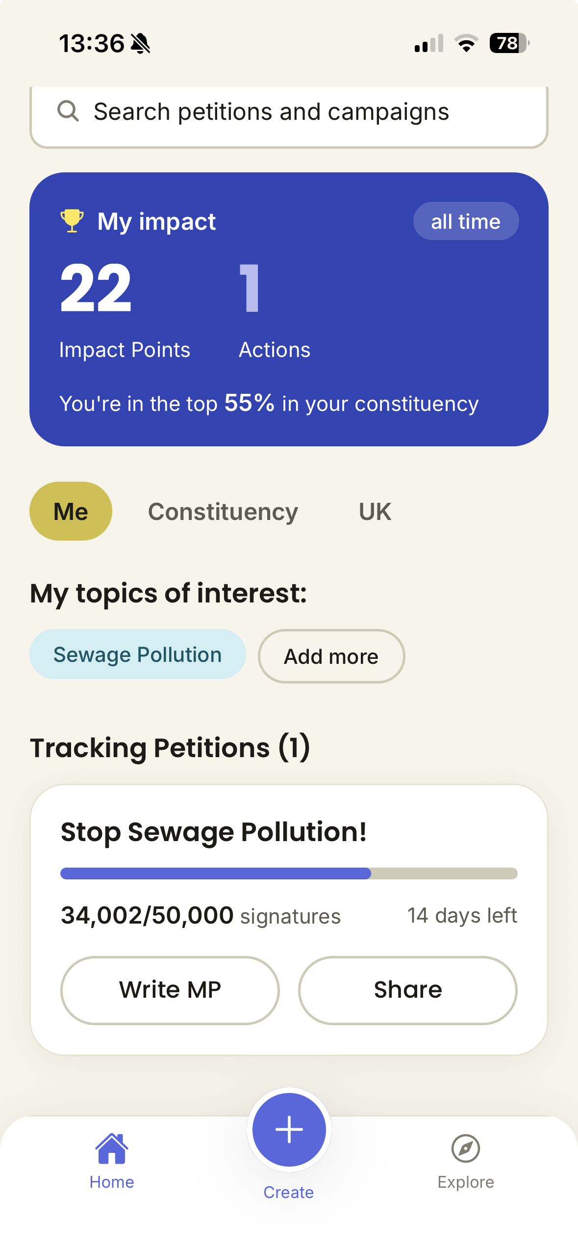 The Lever app home screen showing a personal impact score, topics of interest, and a tracked Stop Sewage Pollution petition.
